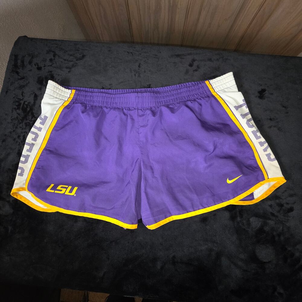 Nike Running Shorts Purple Gold Accents LSU TIGERS Spell-out White Side Panels